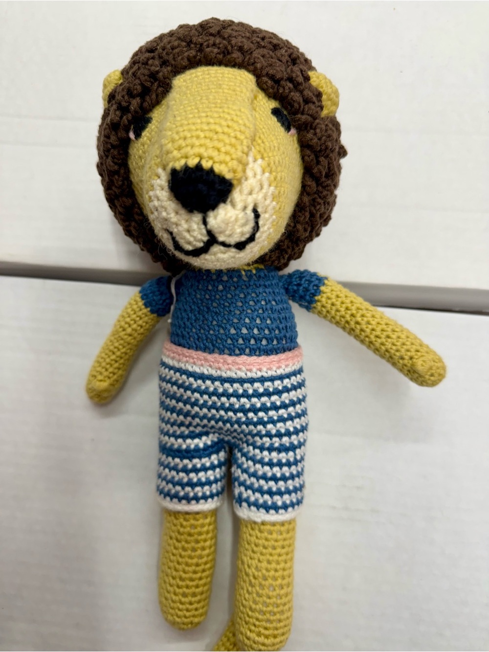 Handmade Crochet Lion Plush Toy in Mustard and Brown with Blue Striped Outfit